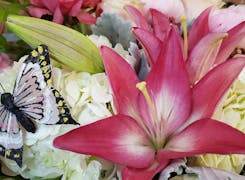 Pink lily blossoms in a cute, butterfly-themed arrangement